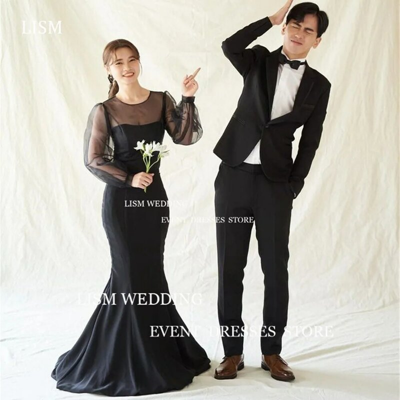 LISM-vestido de noche de Corea con cuello redondo, manga larga abullonada, satén drapeado, sirena, boda, Formal, sesión de fotos