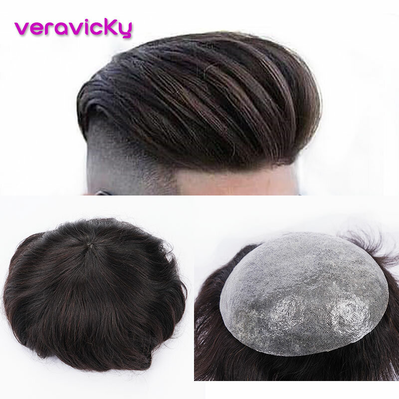 Veravicky 6Inch Men Toupee Human Hair Replacement System Thin skin PU Hair Toppers Hairpiece 7"X9" Straight  Hair For Men