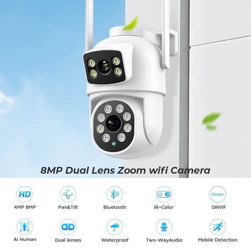 ZRHUNTER kamera IP CCTV lensa ganda, kamera pengawas Wifi luar ruangan 8MP 4K PTZ, deteksi manusia penglihatan malam