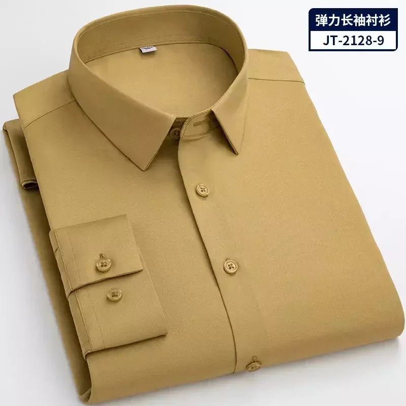 6XL Seamless Elastic Men's Dress Shirts Non Ironing New Solid Color Silk-like Tops Business & Professional Male High-end Shirt