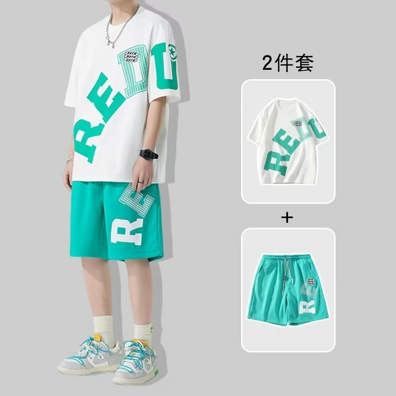 HOUZHOU Two Piece Men Tracksuit Oversized Shorts Sets Summer Print Korean Fashion Short Sleeve Tops Male Sports Casual Suits