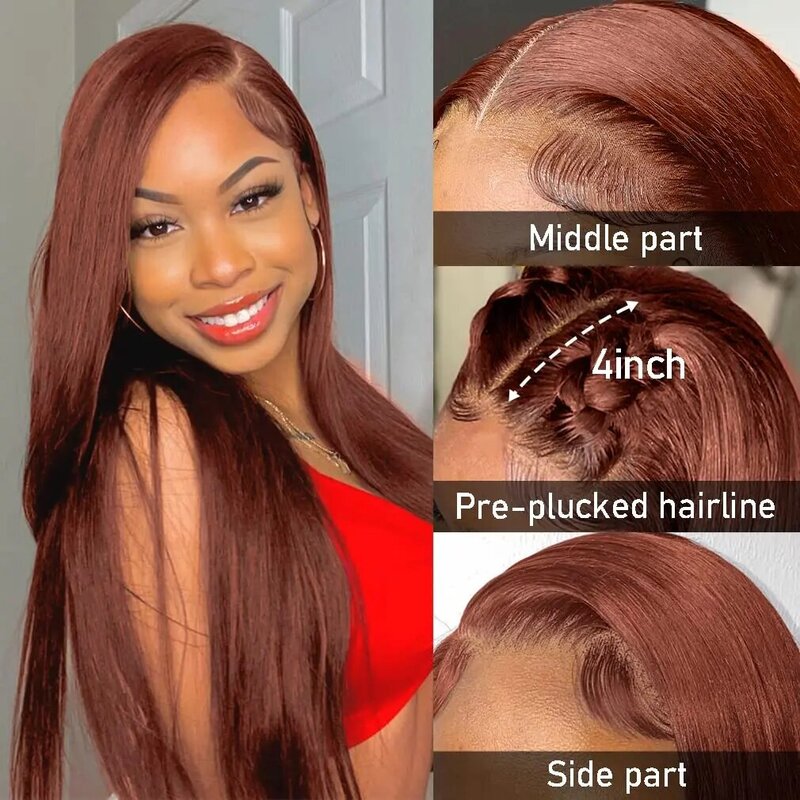 Pelucas de cabello humano con encaje frontal marrón rojizo, prearrancado, rojo oscuro, marrón, hueso recto, 13x4, 13x6, HD, cabello frontal brasileño