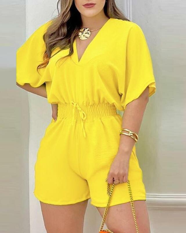 Jumpsuit Vrouwen 2023 Zomer Mode Batwing Mouw Shirred Taille Casual Plain V-hals Korte Mouw Boven Knie Romper Streetwear