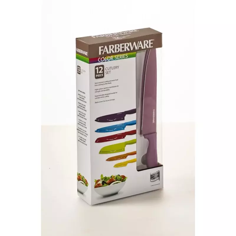 Farberware Set pisau Resin warna-warni, Set pisau tahan lengket 12 buah Resin
