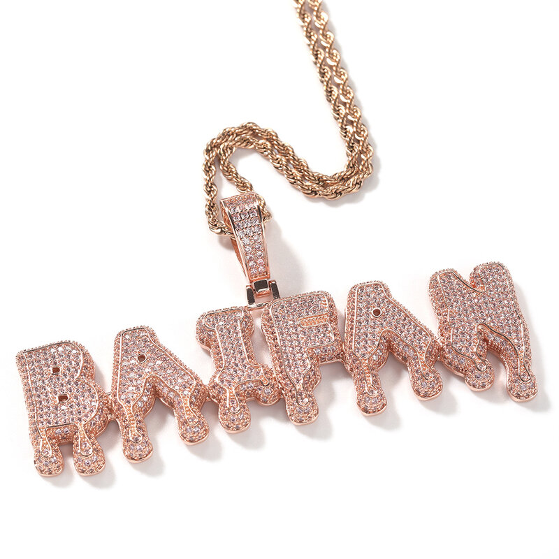 Uwin Drip Letters Name Necklace Custom CZ Bubble Pendant Pink Initial Name Personalized Necklace Hiphop Jewelry