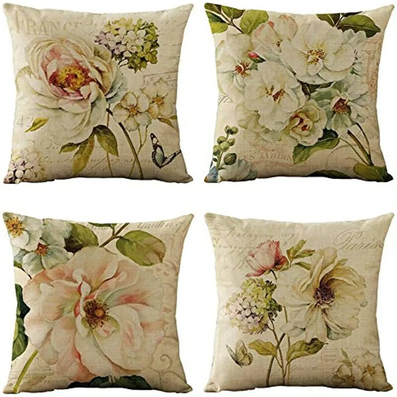 Набор из 4 винтажных декоративных подушек с цветочным рисунком
