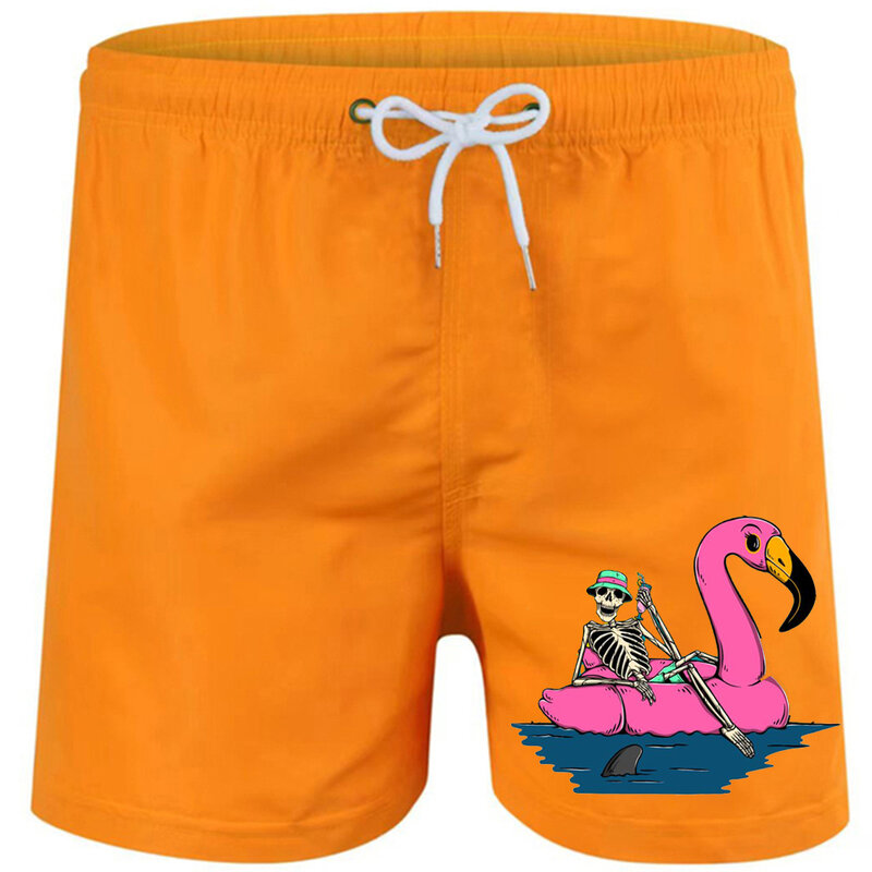 Shorts esportivos masculinos e femininos, shorts da moda praia, padrão flamingo natação, shorts de cordão, shorts de surf, verão, 2024