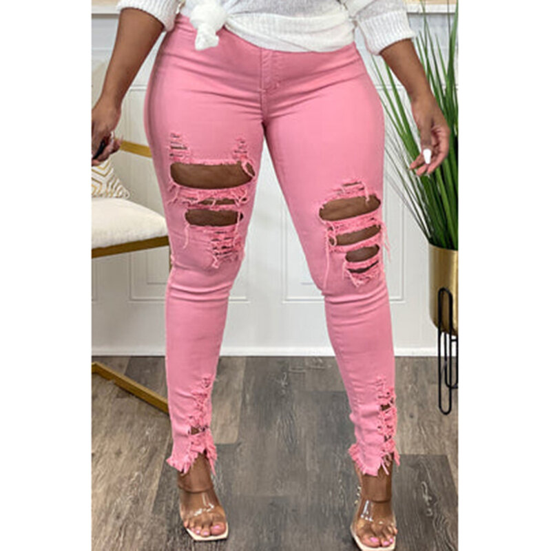 Plus Size Casual Solid Tight Ripped Tassel Denim Pants