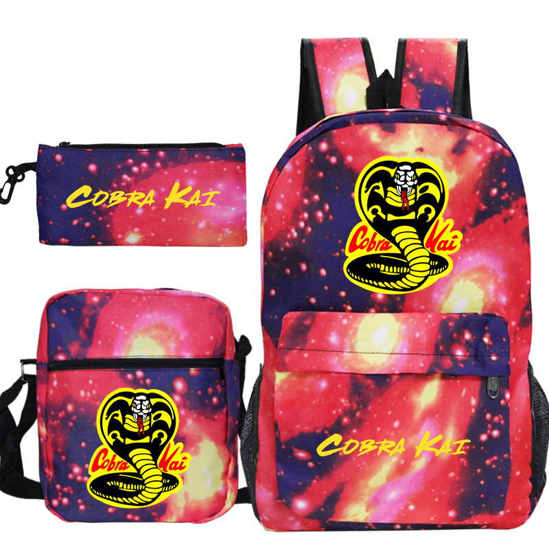 Tas sekolah ringan, 3 buah Set tas ransel Sekolah ringan dengan film Cobra Kai cetak untuk anak laki-laki dan perempuan kapasitas besar tas buku perjalanan anak-anak