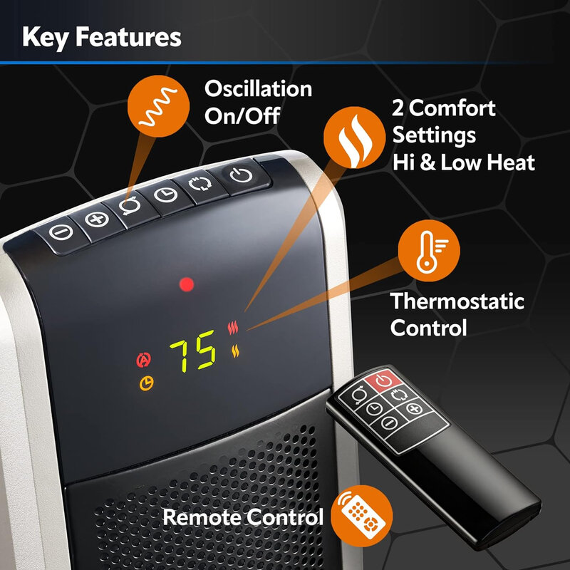 Digital oscilante cerâmica torre aquecedor, termostato ajustável, temporizador e controle remoto, salas grandes