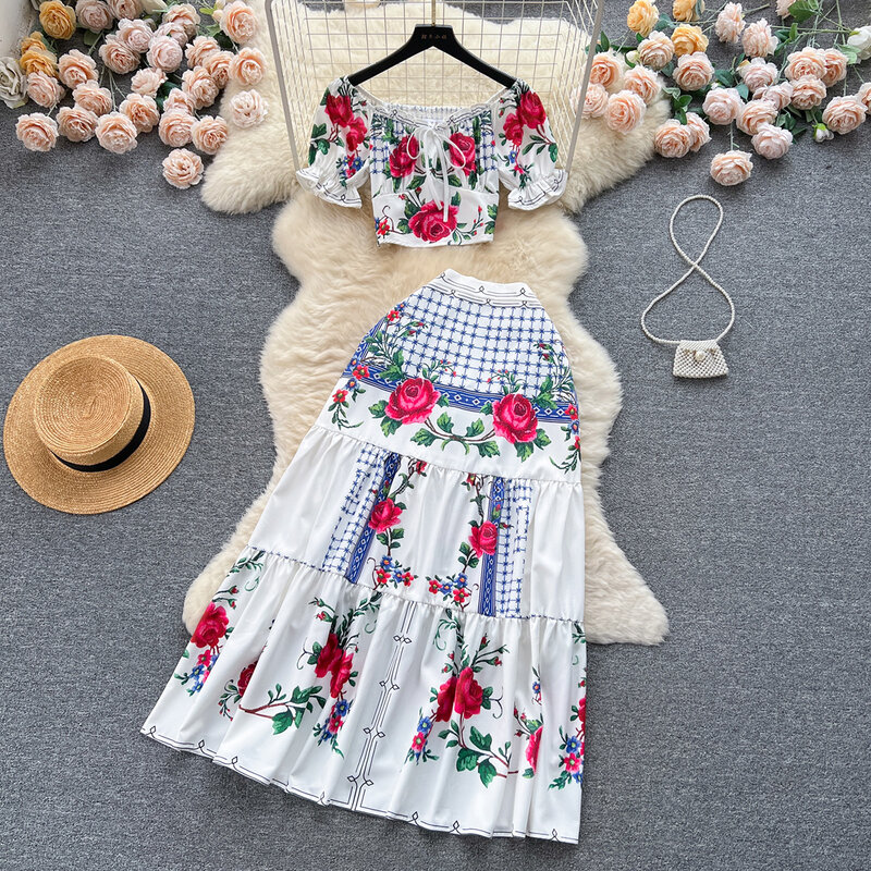 Ensemble de soirée élégant vintage imprimé fleur rose 2023 vêtements d'été haut court et jupe longue à plusieurs niveaux ensembles 2 pièces tenue femme
