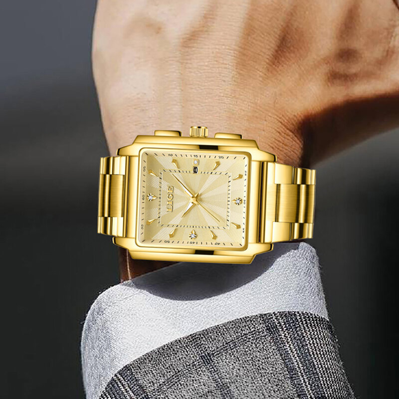 Часы наручные LIGE мужские с квадратным циферблатом, брендовые роскошные золотистые Кварцевые водонепроницаемые из нержавеющей стали