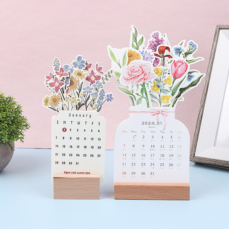 Calendario de escritorio de flores Bloomy, florero impreso, calendario de mesa, artesanías de madera, adornos de decoración del hogar, 2024