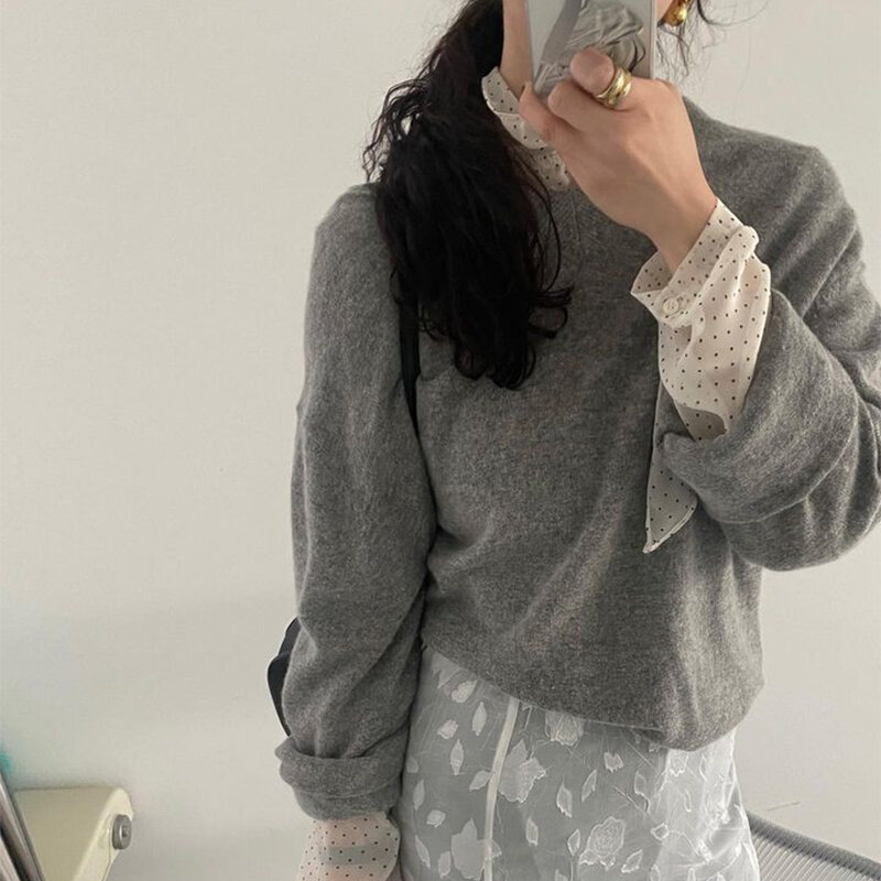 Koreaans Chique Lente-Frans Zacht Opstaand Kraagoverhemd Met Contrasterend Bolletjesontwerp, Los En Veelzijdig Overhemd Met Lange Mouwen