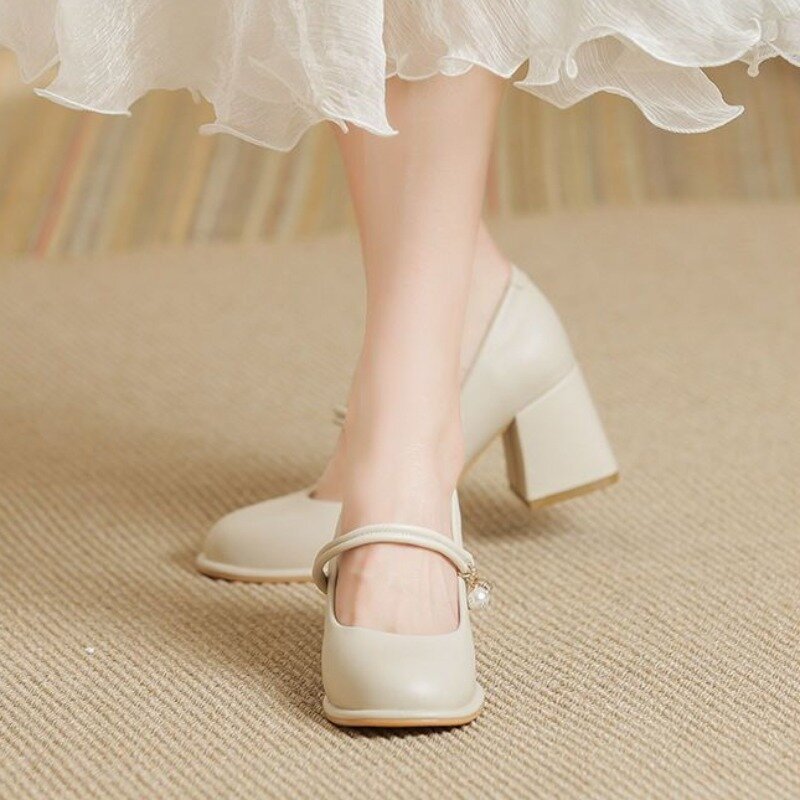 Comemore-Salto alto de couro robusto para mulheres, sapatos Mary Jane, sapatos luxuosos, sandálias elegantes, francês, primavera, verão, novo, 2022