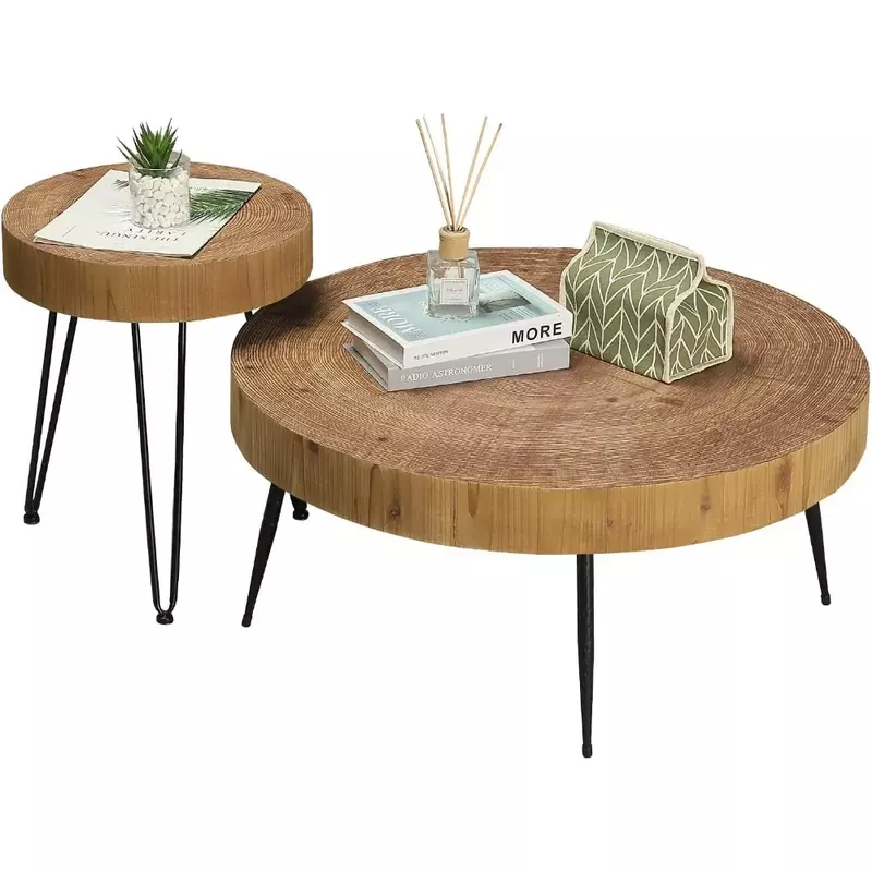 Farmhouse Round Coffee Table Set of 2 Furniture Modern Circle Natural Wood Finsh Side and End Table Sets for Living Room Tables