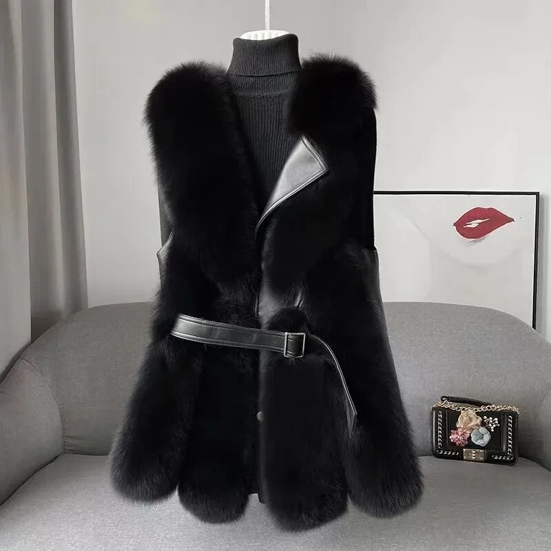 2024 New Fox Fur Vest Coat Womens Faux Fur gilet Fashion Slim Fur Jacket Chic senza maniche Faux Fox Fur gilet con cintura giacca