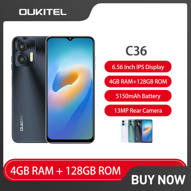 OUKITEL-C36 Smartphone, Celular, Celular Barato, Tela HD, Android 13, Octa Core, 4GB + 128GB, 13MP, 5150mAh, 4G, Venda, 6,56"