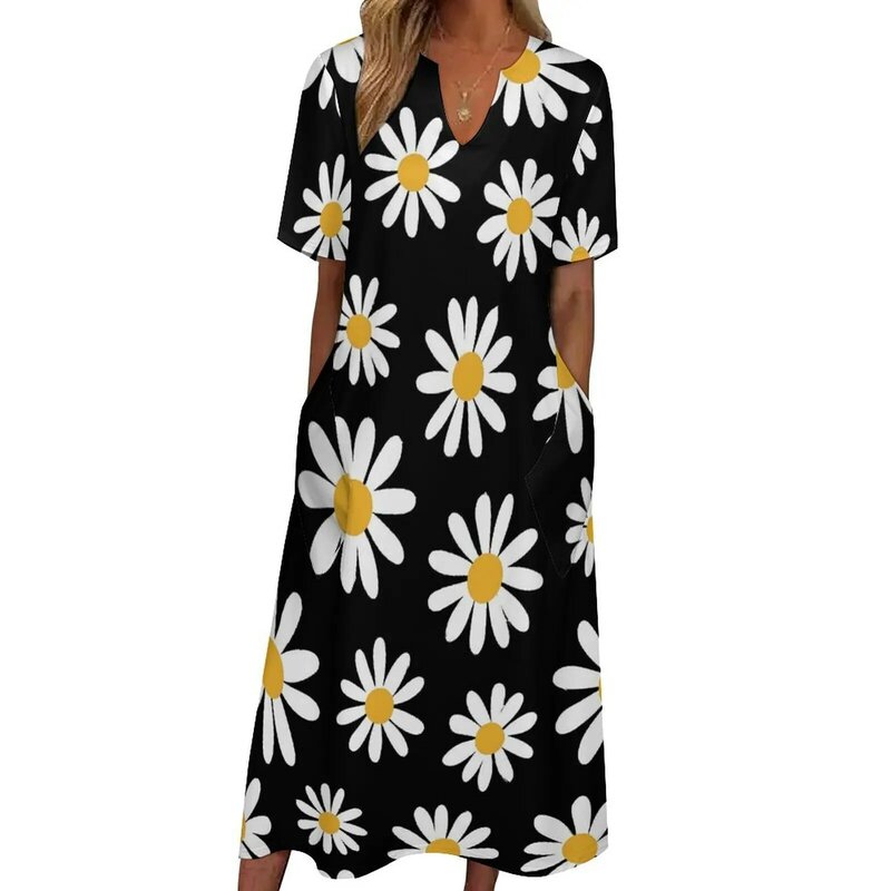 Retro Flower Dress Spring Daisies Floral Cute Maxi Dress Street Wear Casual Long Dresses Ladies V Neck Pattern Oversize Clothing