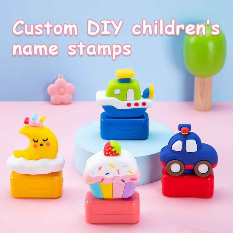 Personalized Name Stamp for Kids, desenhos animados bonitos, carro, navio, lua, bolo, impermeável, não-desbotando, roupas, adesivos, crianças, bebê