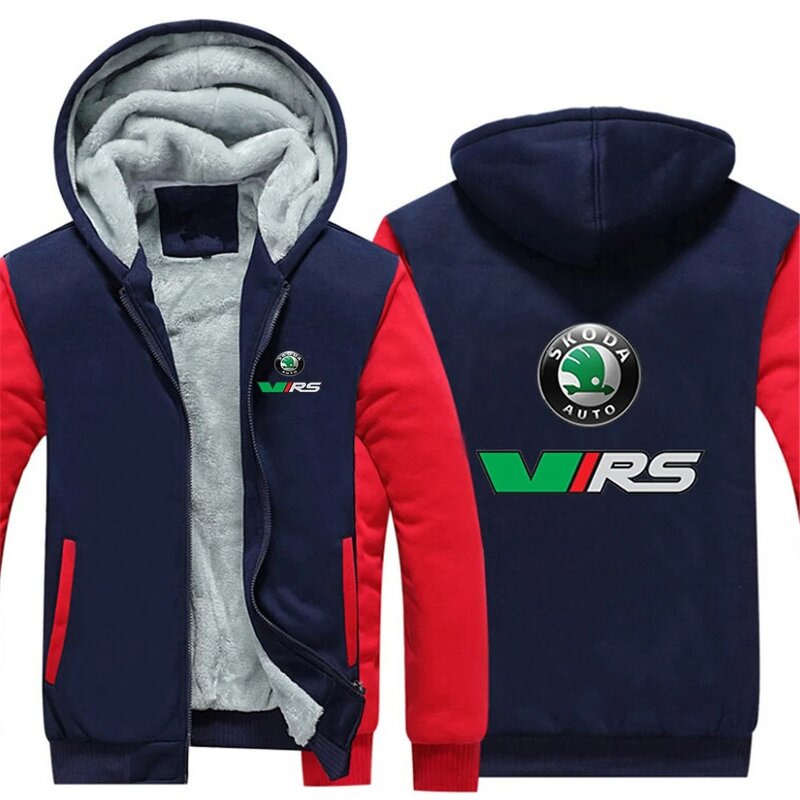 Skoda RS VRS เสื้อโค้ทมีฮู้ดสำหรับผู้ชาย, เสื้อโค้ทมีฮู้ดหนาพิมพ์ลายแบบกราฟิกสำหรับแข่งรถในฤดูใบไม้ร่วงและฤดูหนาว