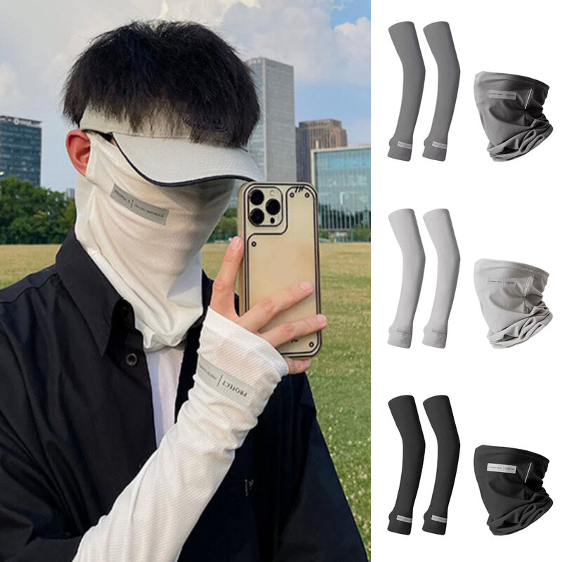 Mangas de brazo de protección UV para hombres, máscara de ciclismo, bufanda facial antiquemaduras solares, cubierta de brazo de seda de hielo, protector solar para exteriores, 3 piezas