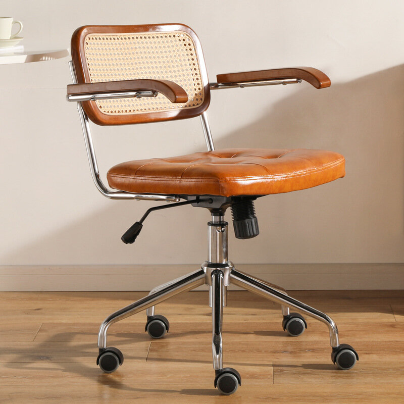 Retro rotating chair Rattan computer office chair Japanese comfortable storage study desk seat breathable armrest rattan chair