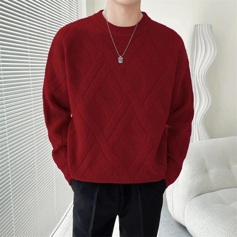 Solid Pattern Sweater/ High Quality Men's Autumn Winter Long Sleeve Tie Dyeing Round Collar Loose Warm Knitting Sweater Pullover