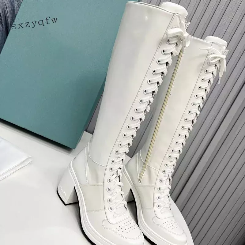 Genuine Leather Fashion Thigh Boot Lace Up Round Toe Thick Heel Popular Color Block Modern Boots Street Style Shoes For Women