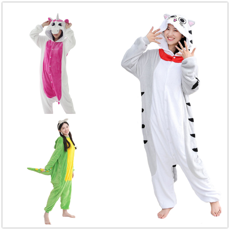 Dieren Cartoon Nachtkleding Onesie Pyjama Flanel Warme Een Stuk Halloween Cosplay Kostuum Unisex Volwassen Kinderen Homewear Jumpsuit
