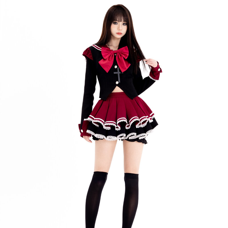 Japanese Preppy Style Lolita Two Piece Set Women Sweet Bow Sailor Collar Short Tops JK Mini Skirt Suit Female Gothic Y2k Outfitn