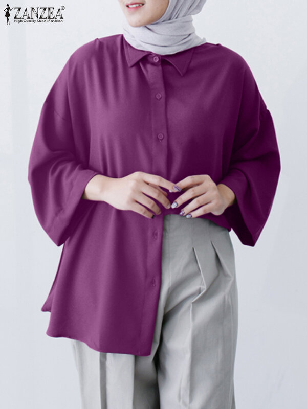 ZANZEA blus lengan panjang kasual longgar wanita, kemeja Muslim kerah Lapel leher Lengan Panjang Vintage Solid Dubai 2023