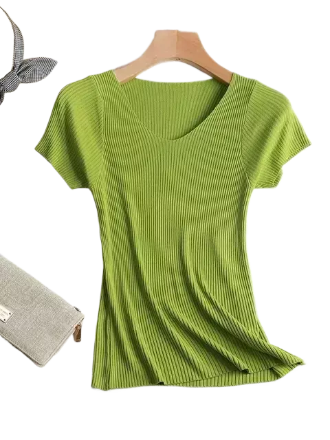 Jersey de punto de manga corta para mujer, ropa interior informal ajustada, primavera y verano
