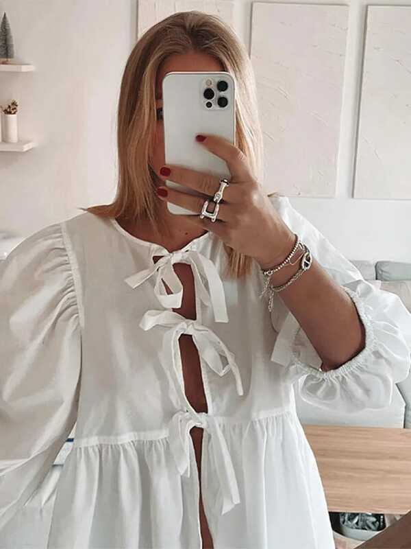Fashion Plaid Printed Hollow Out Tops Women Causal O Neck Lace Up Long Sleeve Shirt 2024 New Chic Female Loose Tee Streetwear