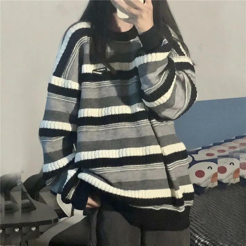 Пуловеры женские в полоску, свободный зимний свитер для подростков, уличная одежда, классная унисекс Студенческая корейская мода, универса...