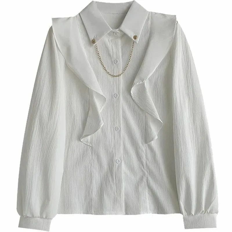 Рубашка нишевая однотонная с оборками и цепочкой, элегантный широкий топ в Корейском стиле для женщин, украшение для весны и осени