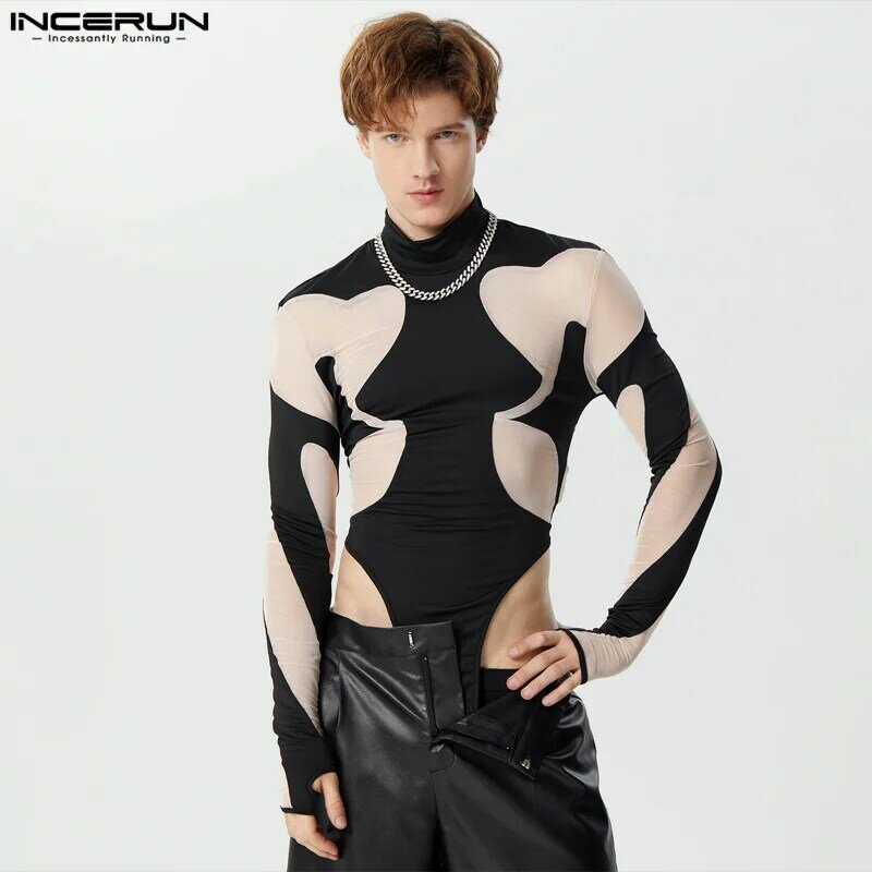 INCERUN Men Bodysuits Mesh Patchwork See Through Sexy Turtleneck Long Sleeve Rompers Streetwear 2024 Fashion Male Bodysuit S-3XL
