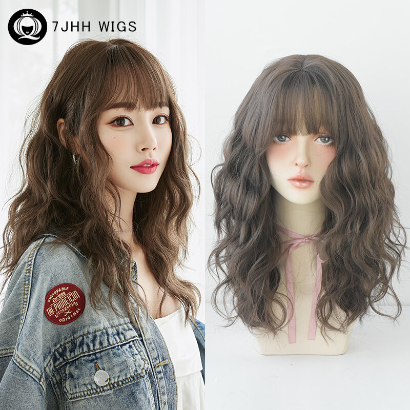 Wig 7JHH longgar keriting panjang gelombang keren Wig cokelat untuk penggunaan sehari-hari wanita Wig rambut sintetis tahan panas dengan poni