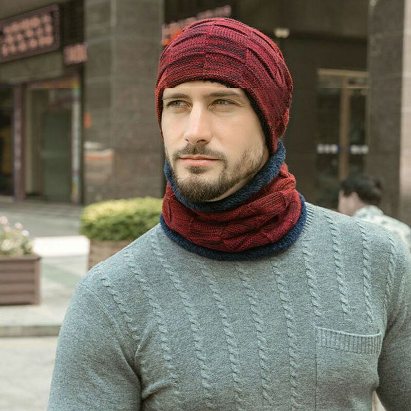 Babero de lana de felpa gruesa para hombre, conjunto de gorro y cuello de felpa, Color sólido, para exteriores