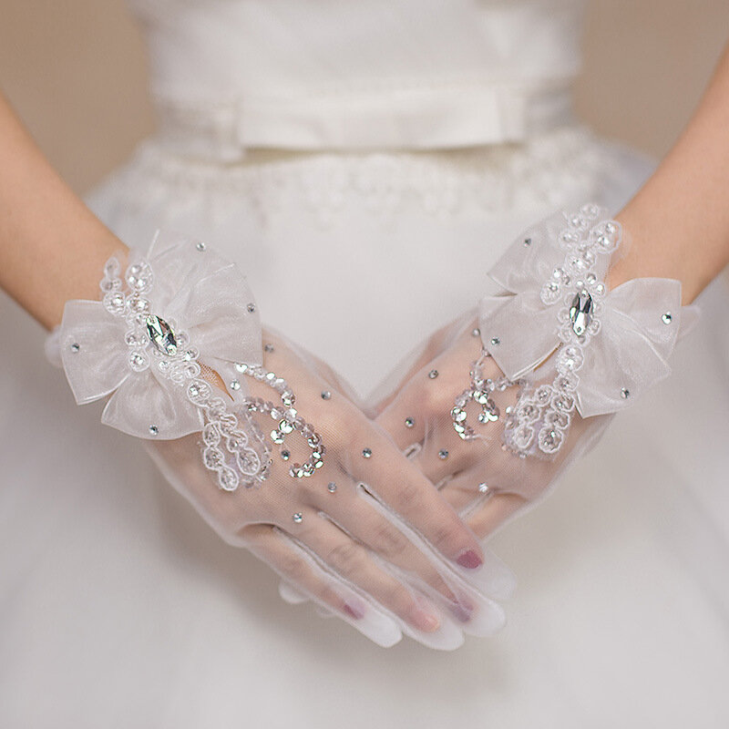 قفازات زفاف كورية من الدانتيل ، إصبع قصير ، زفاف ، إكسسوارات فستان الزفاف ، الربيع والصيف