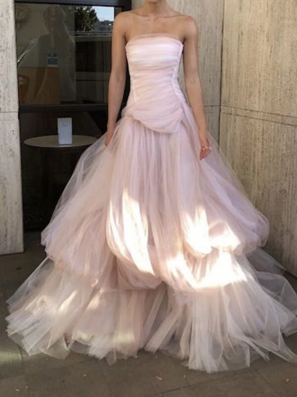 Женское вечернее платье без бретелек, розовое ТРАПЕЦИЕВИДНОЕ платье принцессы для торжественных случаев, прозрачное многослойное платье для невесты, новинка 2024