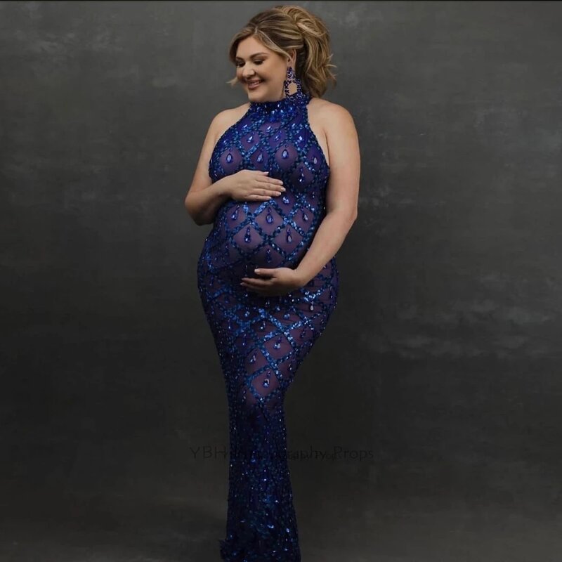 Sukienka ciążowa dla sesja zdjęciowa kobiet w ciąży rozciągliwa tkanina koronkowe rekwizyty fotograficzne seksowne suknia Maxi