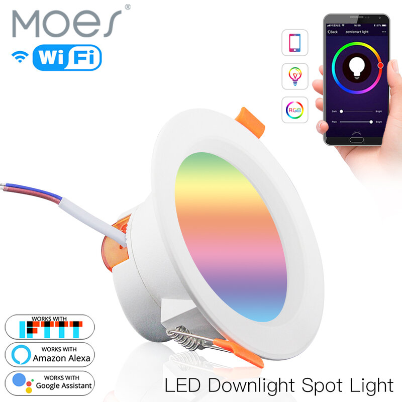 MOES 와이파이 스마트 LED 다운라이트, 스마트 LED 디밍 라운드 매입형 스포트라이트, 7W RGB 2700K-6500K W + C 라이트
