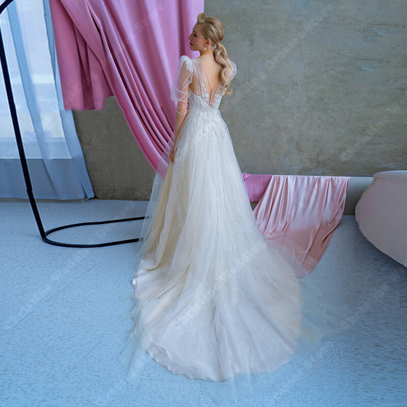 Robes de mariée élégantes A-Line pour femmes, col en V sexy, tulle sur mesure, quelle que soit la longueur de vadrouille 2024, robes de princesse bohème, vêtements éducatifs