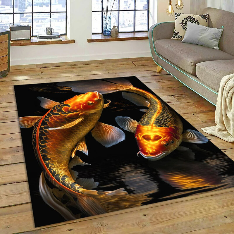 Koi Carp Naturalize Yin Yang Fish Cartoon Carpet, Floral Area Rug for Living Room Bedroom Sofa Doormat Decor, Non-slip Floor Mat