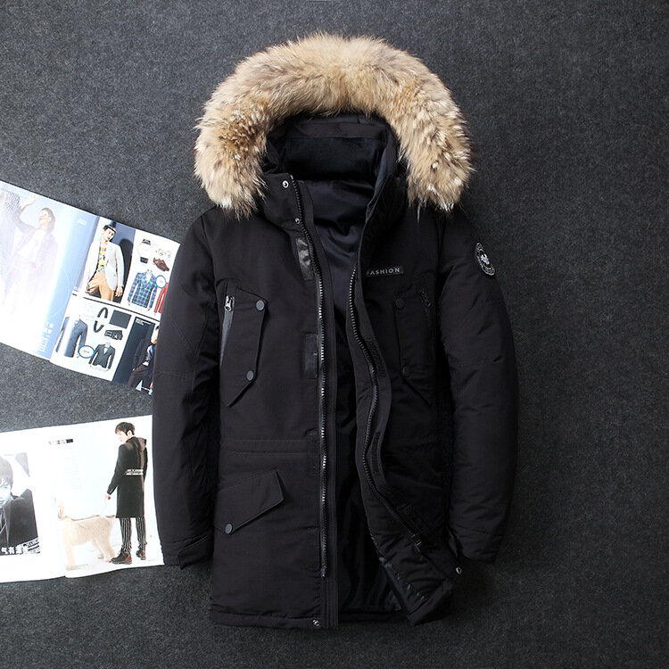 Мужская зимняя куртка на утином пуху, длинный пуховик с капюшоном и меховым воротником, высококачественные мужские уличные ветрозащитные Теплые повседневные зимние куртки