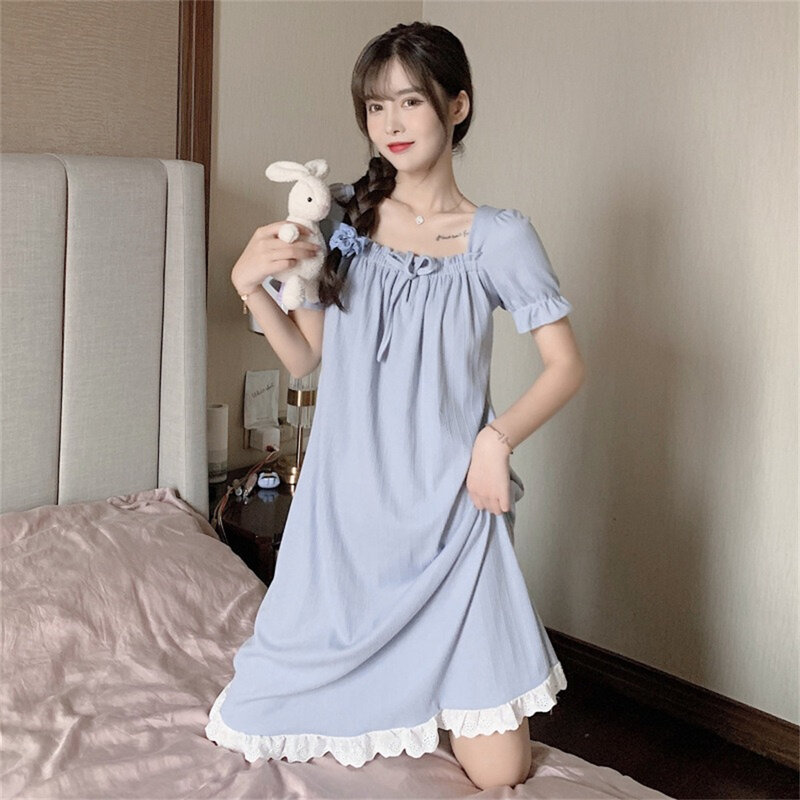 KoreaSweet-Ruffled Square Neck Nightdress para mulheres, borda de renda, algodão, linho, respirável, manga curta, casual, desgaste doméstico, fino, adorável