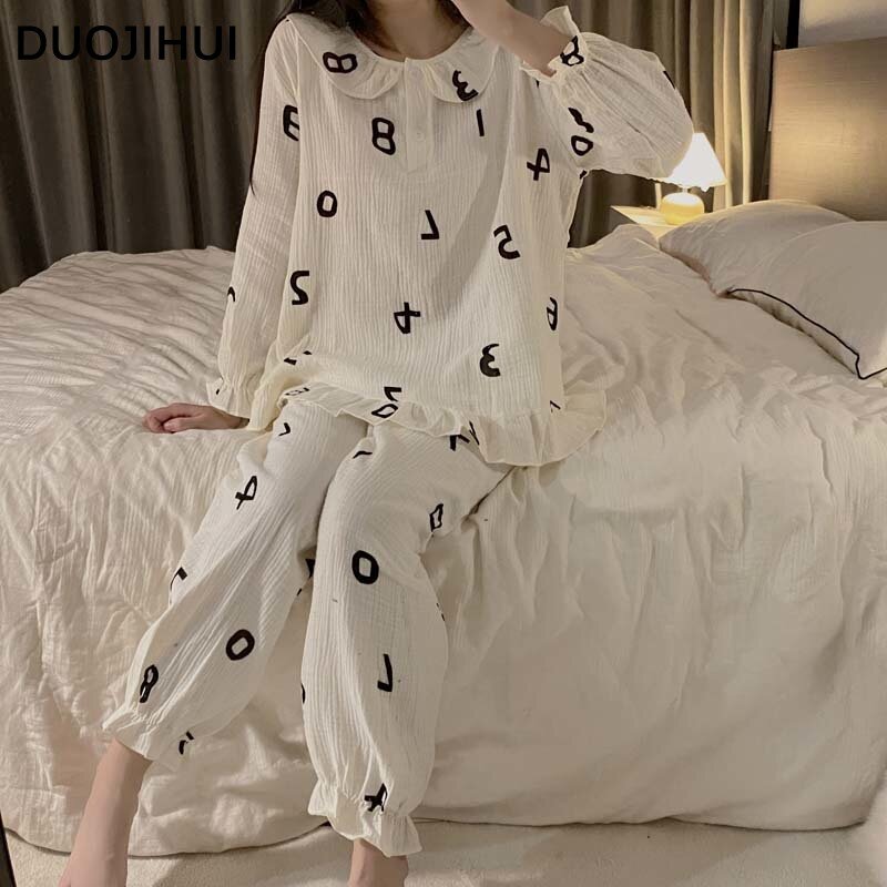 DUOJIHUI Ins Sweet Cardigan Loose Pant Casual Home Pajamas for Women Autumn New Chicly Printed Simple Fashion Female Pajamas Set