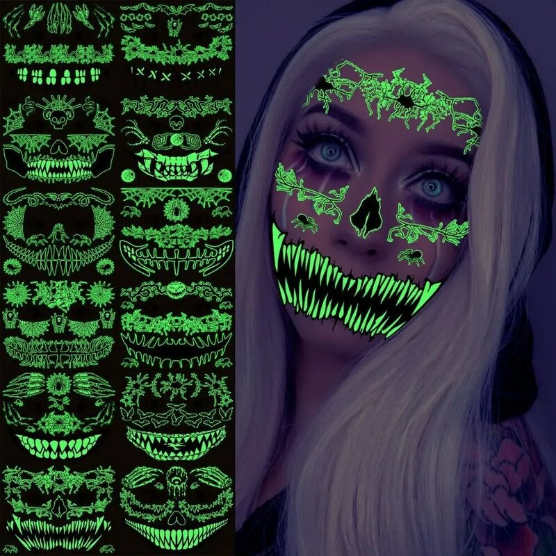 Spinnweben Halloween leuchtende Tattoo Aufkleber glühenden Mund Geist Körper Kunst Aufkleber Narbe grün Wasser Transfer Aufkleber Party