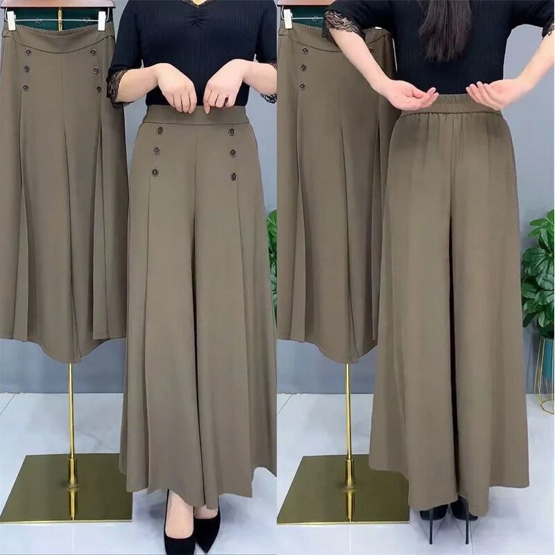 All-match Drape Button Solid Color Bigfoot Nine Point Jilt Trousers Female Summer Casual Pockets Loose Wide-legged Pants Skirt